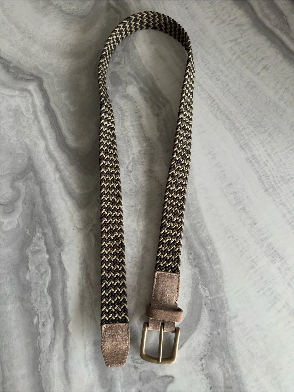 Made in Italy Brown Khaki Beige Braided Woven Stretch Belt Suede Buckle
